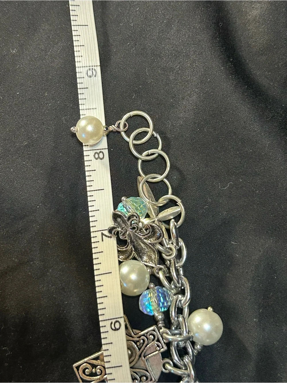 Silver loaded Charm Bracelet with Pearls and Iridescent Beads - Women's Jewelry